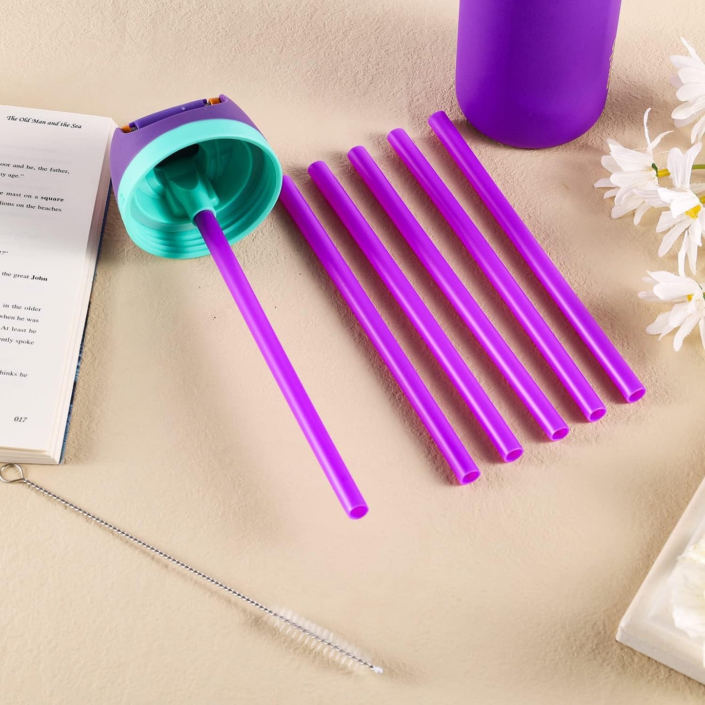 6pcs Replacement Straws for Owala FreeSip 24oz 32oz, Reusable Plastic Straws with Cleaning Brush for Owala Insulated Water Bottle 24 oz 32 oz, Tumbler Accessories (Purple)
