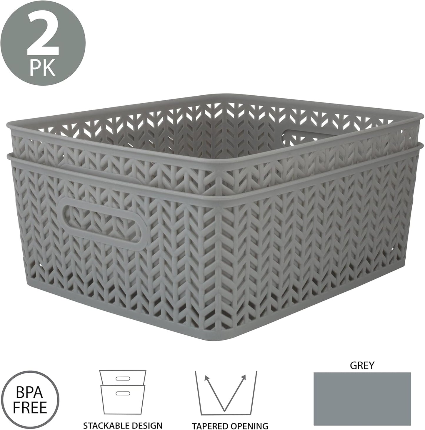 Simplify 2 Pack Medium Herringbone Storage Basket | Dimensions: 14"x11.5"x5.15" | Sturdy Polypropylene Plastic | 2 Open Handles | Lightweight | Home Organization | Heather Grey
