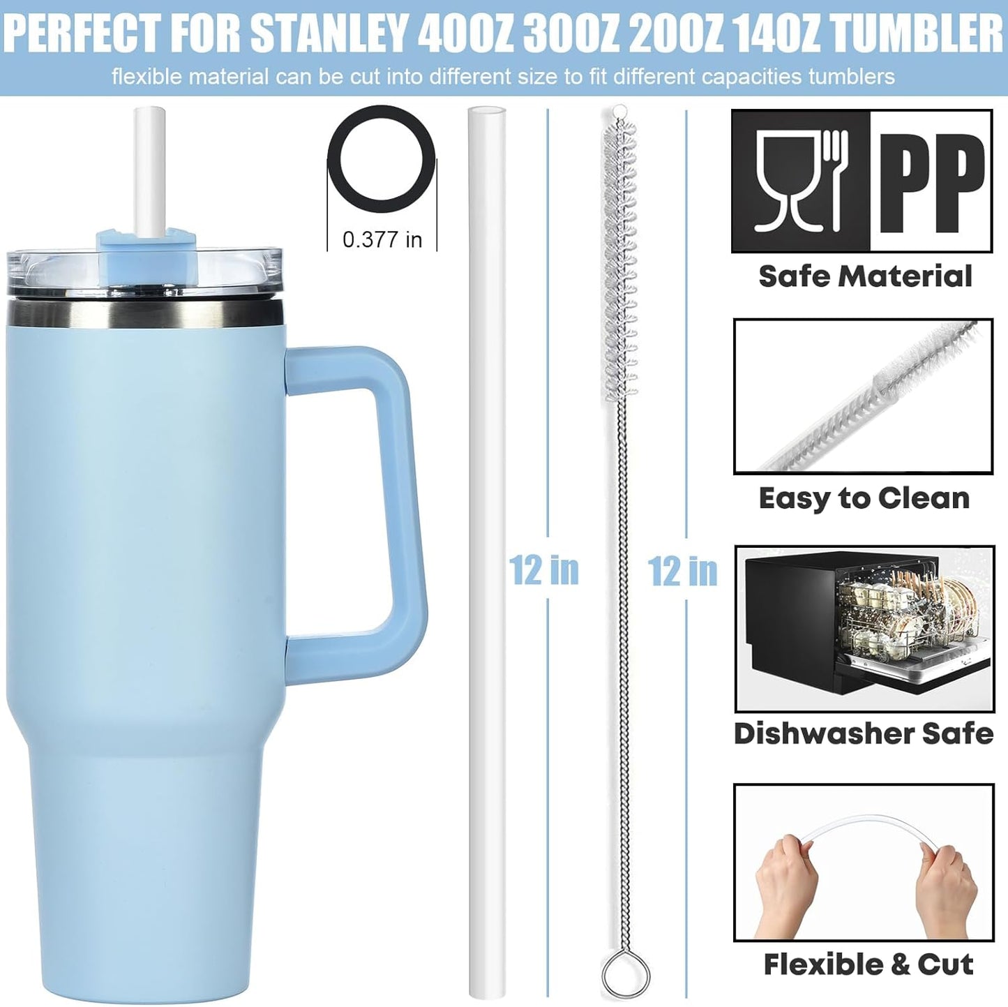 [DISHWASHER SAFE] 6 Pack Replacement Straws for Stanley 40 oz 30 oz Cup Tumbler, 12 inch Long Clear Reusable Plastic Straws with Brush for Stanley, Owala, Yeti Tumbler, BPA FREE