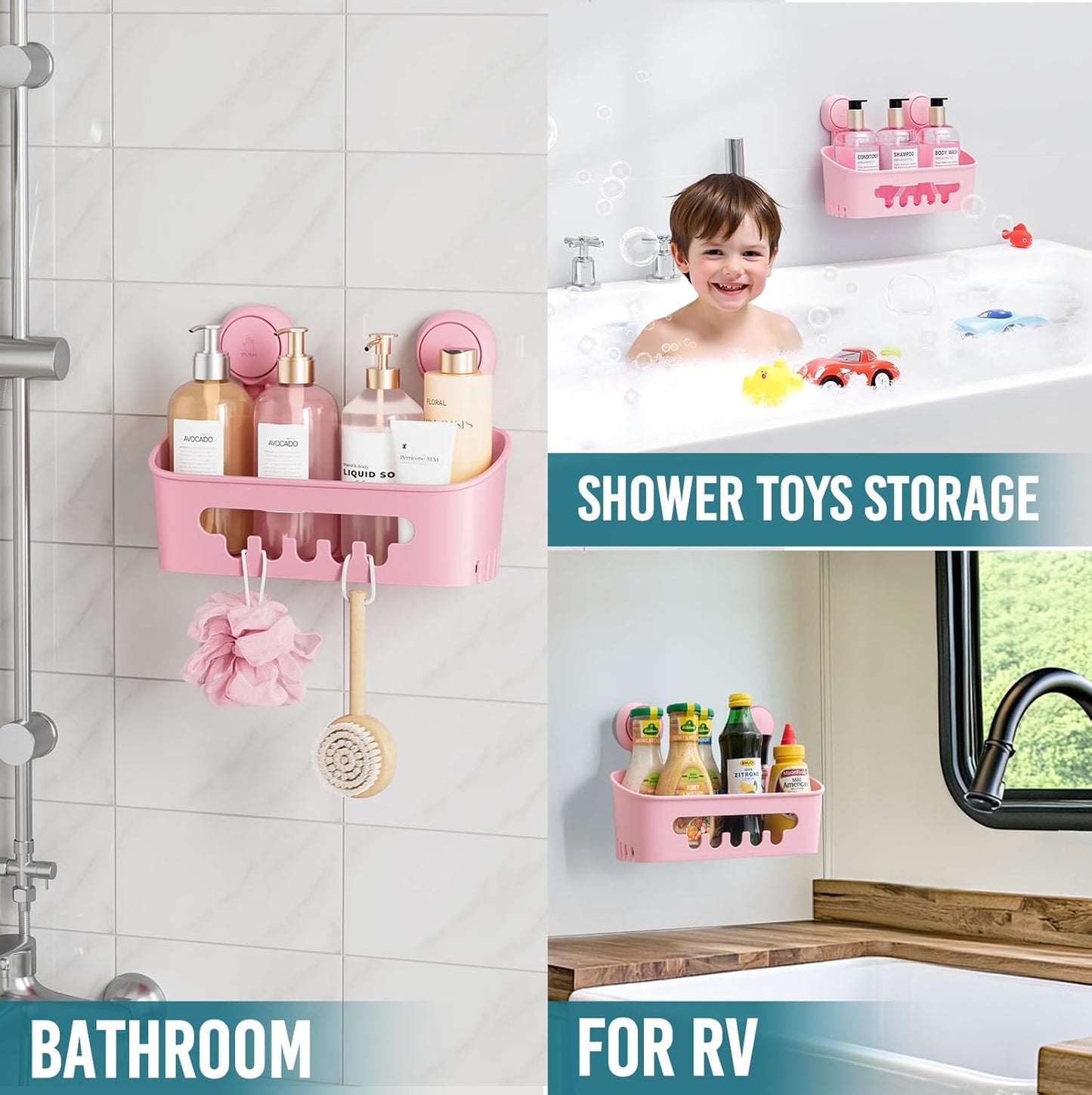 TAILI Shower Caddy Suction Cup, Heavy Duty Bathroom Organizer, Removable Shelves for Inside Shower, Shampoo, Waterproof Suction Plastic Storage for Bathroom Accessories Holder, Pink