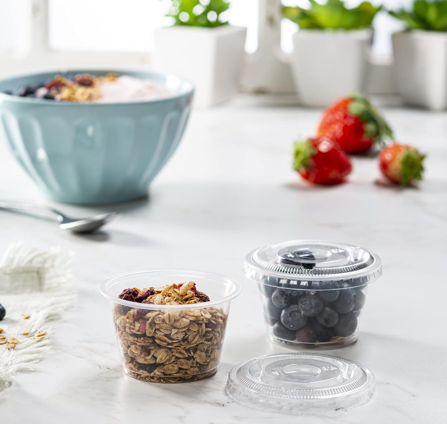 {4 oz - 100 Sets} Clear Diposable Plastic Portion Cups With Lids, Small Mini Containers For Portion Controll, Jello Shots, Meal Prep, Sauce Cups, Slime, Condiments, Medicine, Dressings, Crafts,