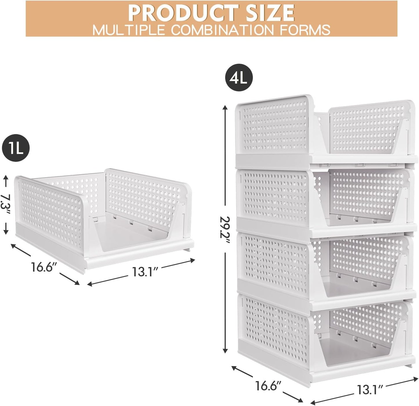4 Pack Stackable Closet Storage Basket - Stackable Storage Bins, Multifunctional & Foldable Closet Organizer Divided, Wardrobe Cupboard Space-Saving Clothes Storage Hat Organizer, White