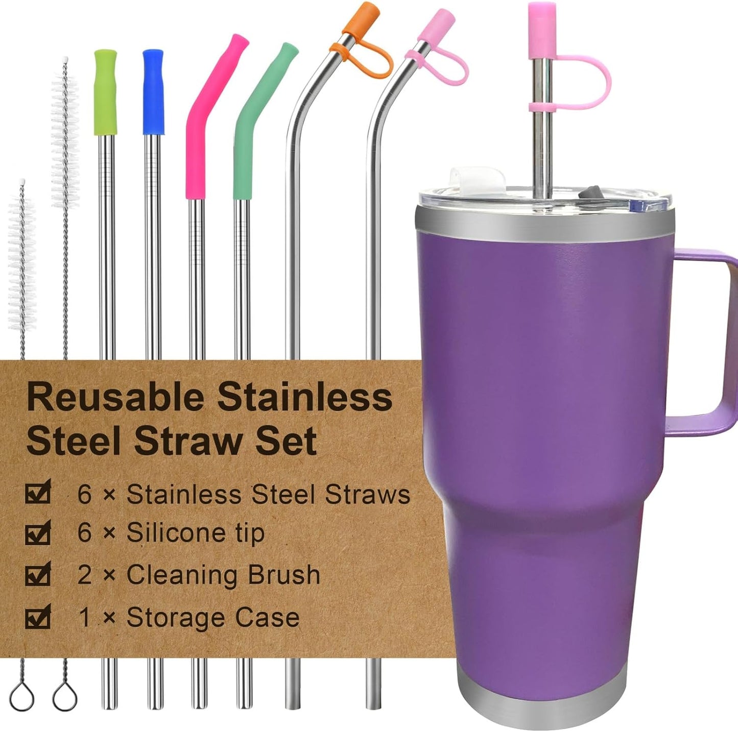Reusable Stainless Steel Straws Set 6 PCS with 6 Silicone Tips, 2 Straw Brush, 1 Storage Case, Different Sizes of Metal Straws Reusable, Suitable for 14, 20, 30 oz Cups Tumbler，for Hot/Cold Drinks
