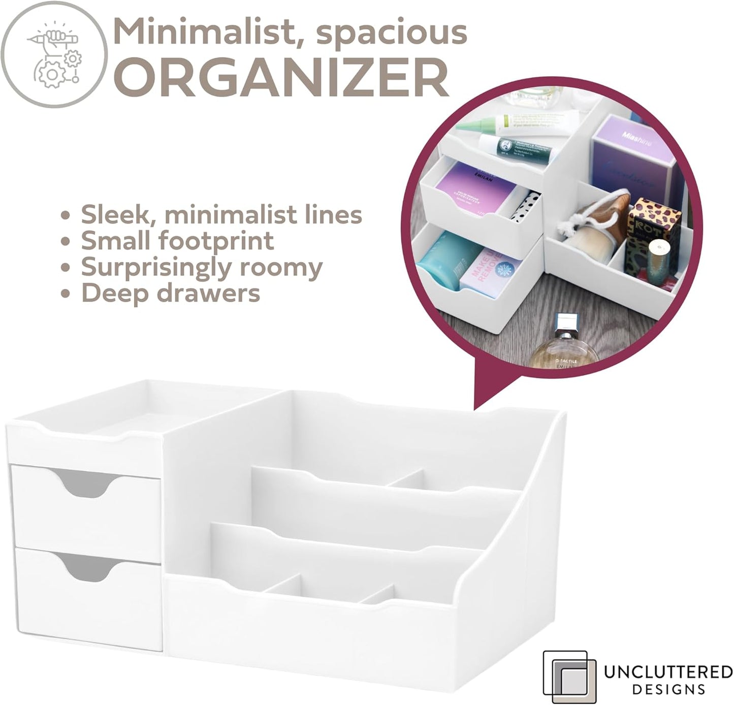 Uncluttered Designs Large Makeup Organizer for Vanity - Countertop Desk With Drawers for Cosmetic, Beauty, Hair, Nail, Perfume & Skincare - Perfect for Bathroom & Bedroom Storage (White)