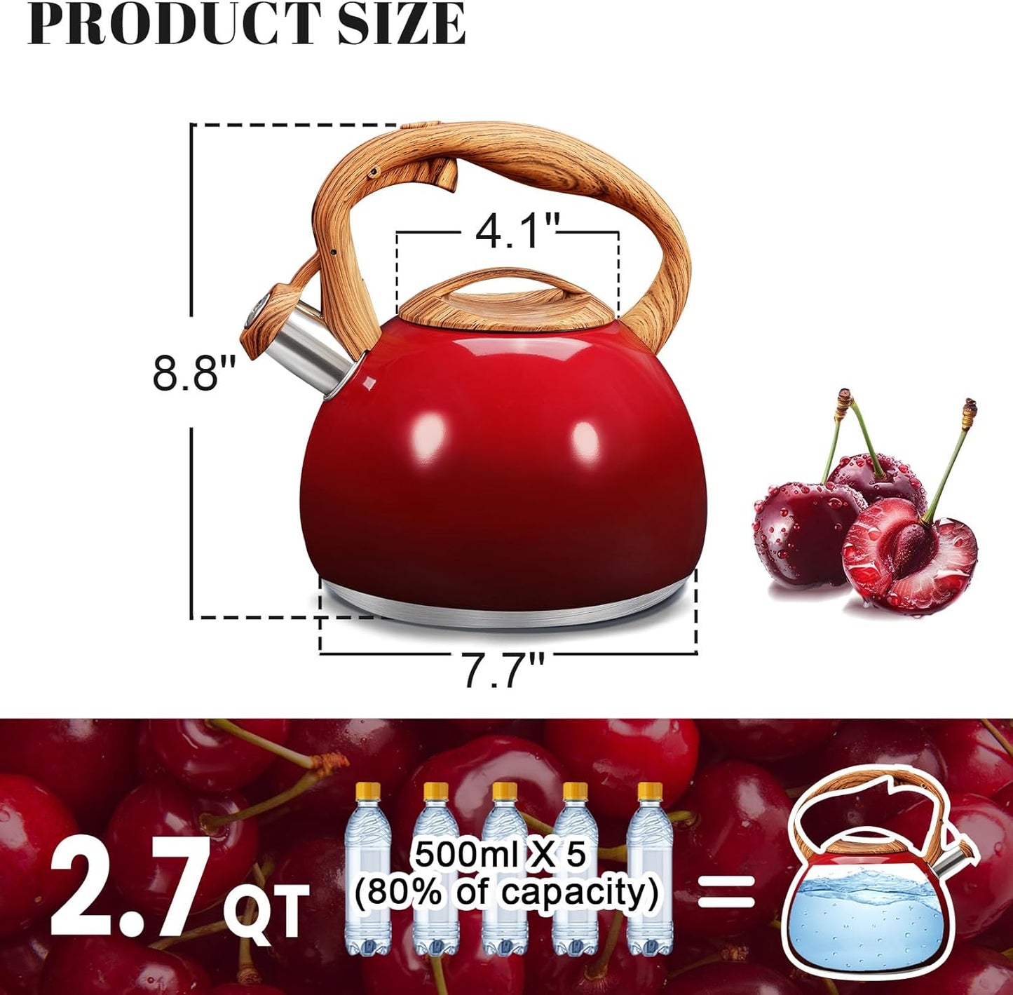 GGC Tea Kettle for Stove Top, 3.1QT/3L Whistling Tea Kettles for Boiling Water Coffee or Milk, Gradient Red Pot with Wood Parttern Handle, Stainless Steel Kettle Pot for Home and Kitchen