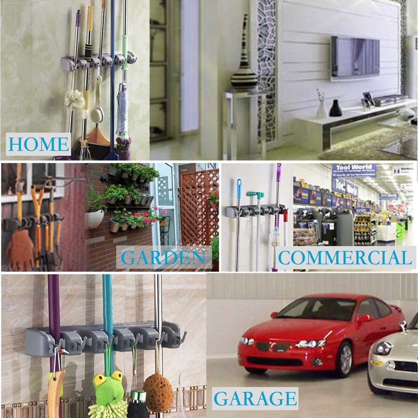Wall Mount Broom Mop Holder Hanger Garden Tool Organizers Rack Garage Laundry Room Organizations and Storage with Hooks Heavy Duty