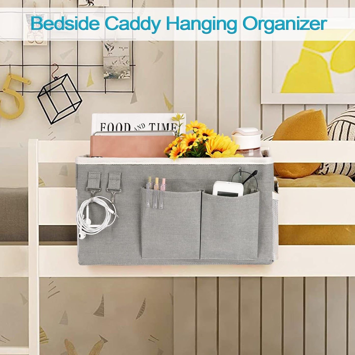 Loghot Bedside Caddy/Bedside Storage Bag Hanging Organizer for Bunk and Hospital Beds,Dorm Rooms Bed Rails,Can be Placed Glasses,Books,Mobile Phones,Keys (2pc Grey)