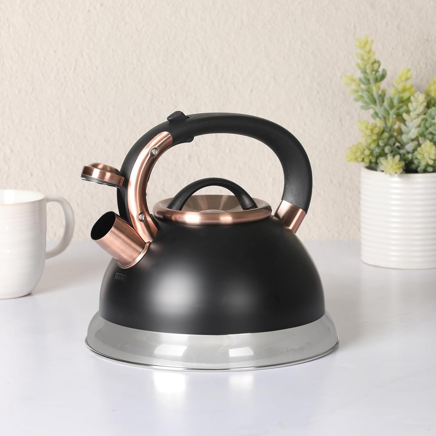 Mr. Coffee Flintshire 2.2 Quart Large Whistling Stainless Steel Tea Kettle, Matte Black with Copper Accent, Stovetop Fast-Boil Tea Pot