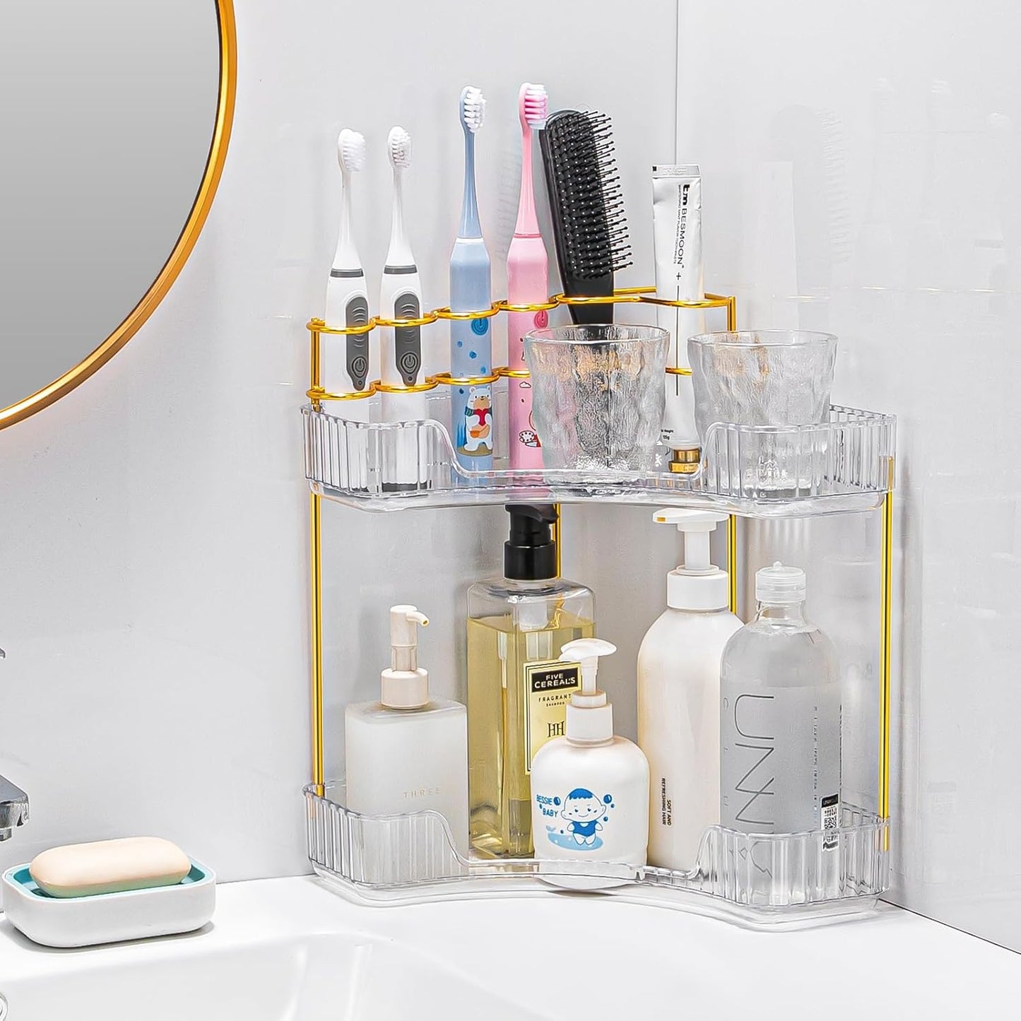 Upgraded 2-Tier Corner Bathroom Countertop Organizer – Spacious Storage for Makeup, Skincare & Perfumes, Built-in Brush Holder Fits Vanity/Dresser/Bsthtub (Classic White)