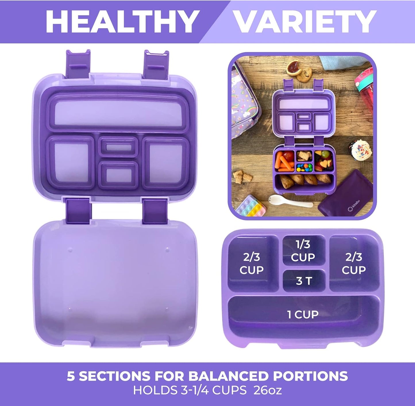 Bento Box with Insulated Lunch Bag, Ice Pack & Water Bottle Set for Kids - 5 Compartments, Lunches or Snack Container Girls, Toddlers Daycare Pre-School, Kindergarten Purple Unicorn