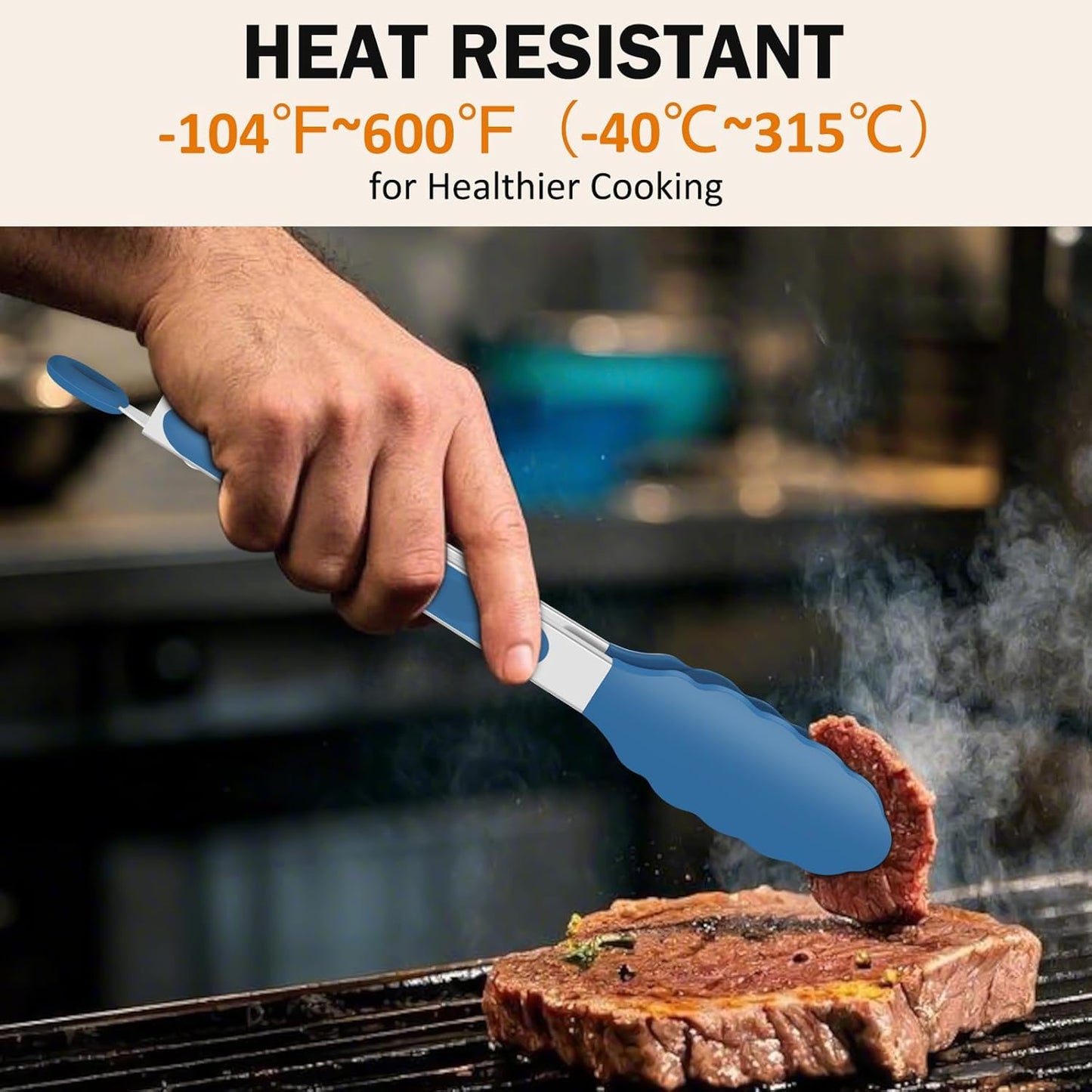 Kitchen Tongs, Stainless Steel Silicone Tongs for Cooking 600ºF High Heat-Resistant BBQ Grilling Locking Tongs, Set of 2-9" and 12" Classic Blue