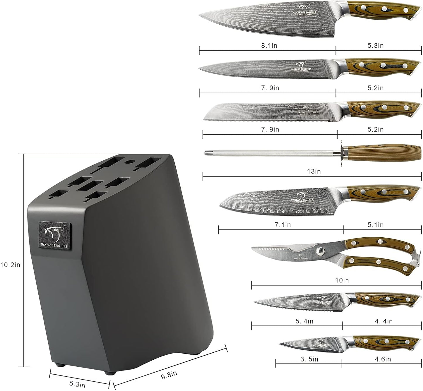 Kitchen Damascus Knife Set, 9-Piece Kitchen Knife Set with Block, Non-slip G10 Ergonomic Triple Rivet Handle for Chef Knives, Knife Sharpener and Kitchen Shears, Natural Wood Block (Brown/Grey)