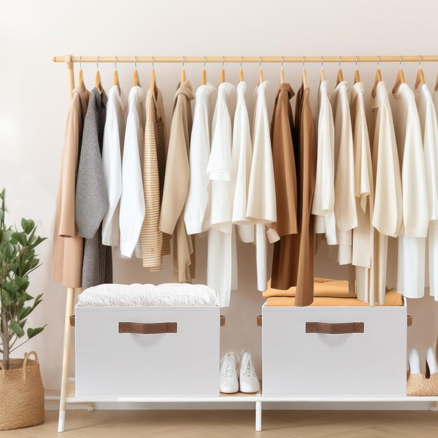 GhvyenntteS Large Fabric Storage Bins with 3 Handles, 15x11x9.6 Inch Storage Baskets for Shelves, Foldable Closet Storage Bins for Shelves, Closet Organizers and Storage Boxes, White