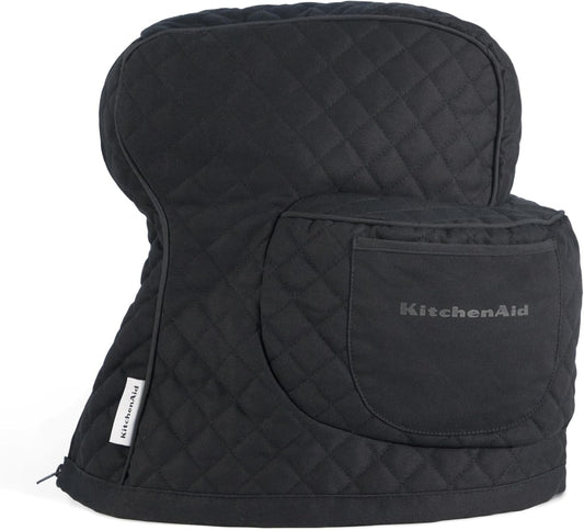 KITCHENAID Fitted Tilt-Head Solid Stand Mixer Cover with Storage Pocket, Quilted 100% Cotton, Matte Black, 14.4"x18"x10", NEW AND IMPROVED FIT
