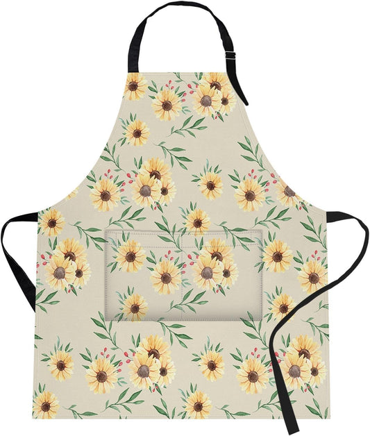 Britimes Sunflower Flower Summer Vintage Spring Apron Home Kitchen Cooking Baking Gardening for Women Men with Pockets 32x28 inch
