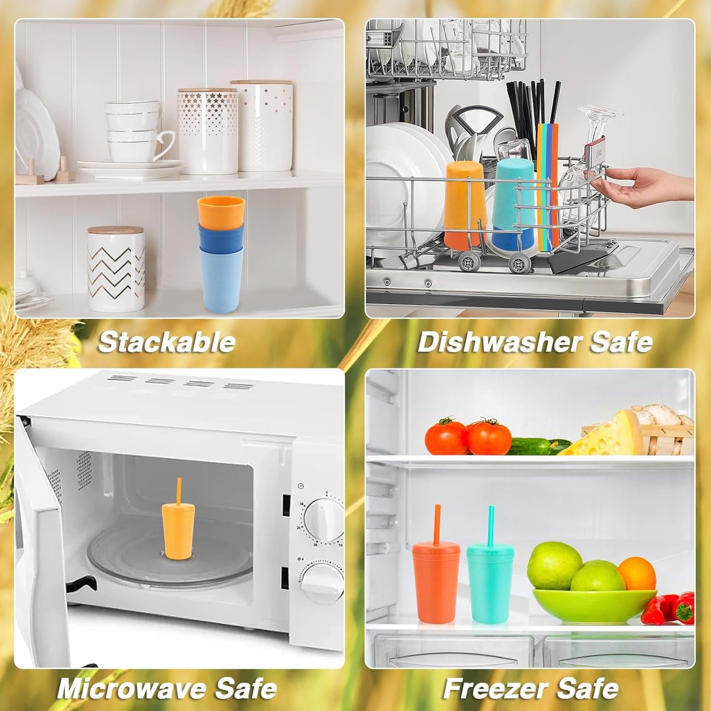 10 oz Wheat Straw Cups with Lids and Silicone Straws, Unbreakable Drinking Glasses, Plastic Cups for Kitchen, Small Tumbler Cups with Cleaning Brush, BPA Free, Dishwasher & Microwave Safe, 6 Pack