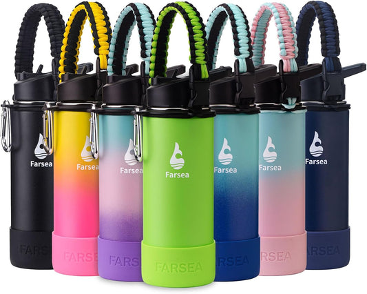 Farsea Insulated Water Bottle With Paracord Handle, Protective Boot and 2 Lids (Straw Lid & Spout Lid), Stainless Steel Water Bottle Wide Mouth, Double Wall Sweat-Proof BPA-Free, 18 oz