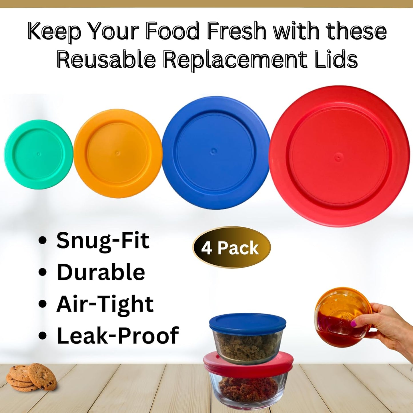 1, 2, 4 & 7 Cup Green, Orange, Blue, Red Replacement Lids/Covers for Pyrex, Anchor Hocking & KlareWare Storage Bowls *Lids Only Glass Container Not Included* (4 Pack *One of Each Size*)