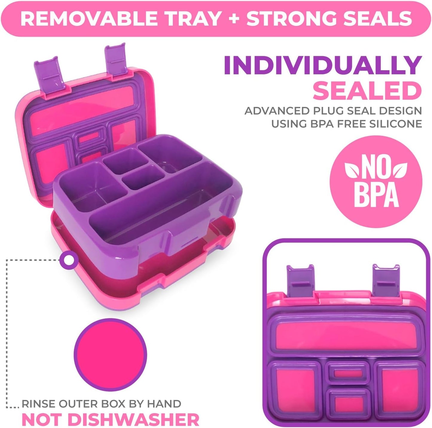 kinsho Bento Lunch Box for Kids Toddlers Boys Girls, 5 Portion Sections Secure Lid, Microwave Safe BPA Free Removable Tray, Pre-School Kid Daycare Lunches Snack Container, Blue & Pink Purple 2 pack