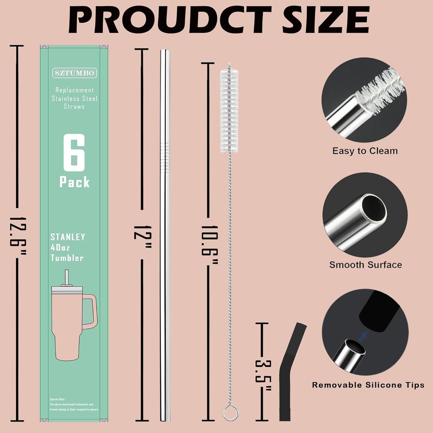 6 PCS 12Inch Metal Stainless Steel Reusable Straight Straw,with 6 Silicone Flex Tips and 2 Cleaning Brush,for 40oz Stanley, Hydrapeak, Owala Tumbler,Simple Modern 32 40oz Tumbler(8mm Silver)