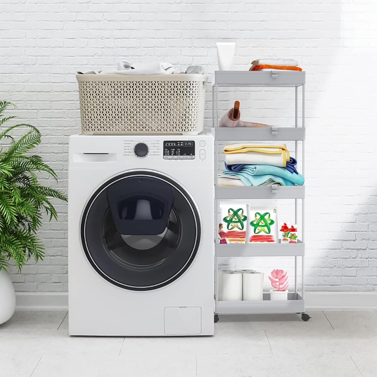 SPACEKEEPER 5-Tier Rolling Cart, Bathroom Storage Organizer Utility Cart, Mobile Shelving Unit Slide Out Shelves for Kitchen Living Room Laundry Room & Dressers,Gray