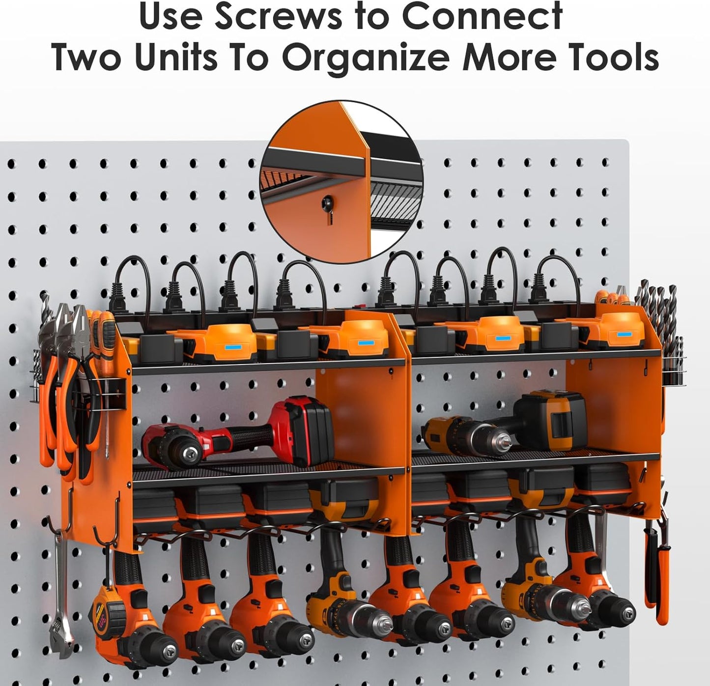 CCCEI Modular Power Tool Organizer Wall Mount with Charging Station. Garage Drill Storage Shelf with Hooks, Heavy Duty Rack, Tool Battery Holder Built in 8 Outlet. Gift for Men. Orange, 1 Pack.
