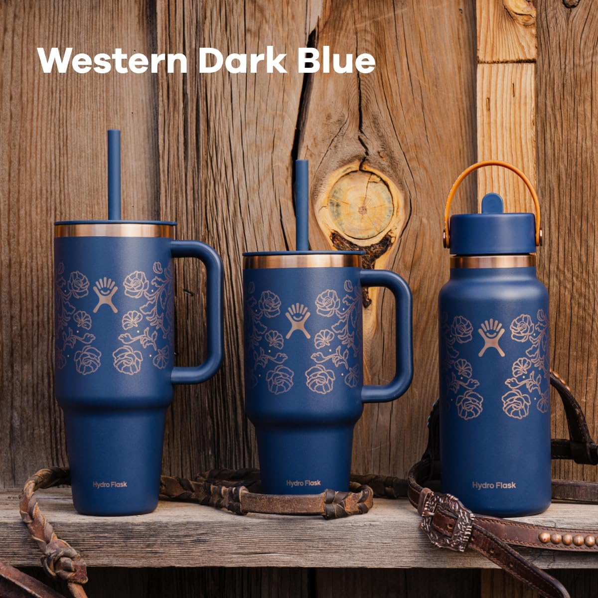 Hydro Flask Water Bottle - Insulated Stainless Steel - Wide Mouth Flex Straw Lid, Non Spill, Leakproof and Refillable in 32 Oz Western Dark Blue