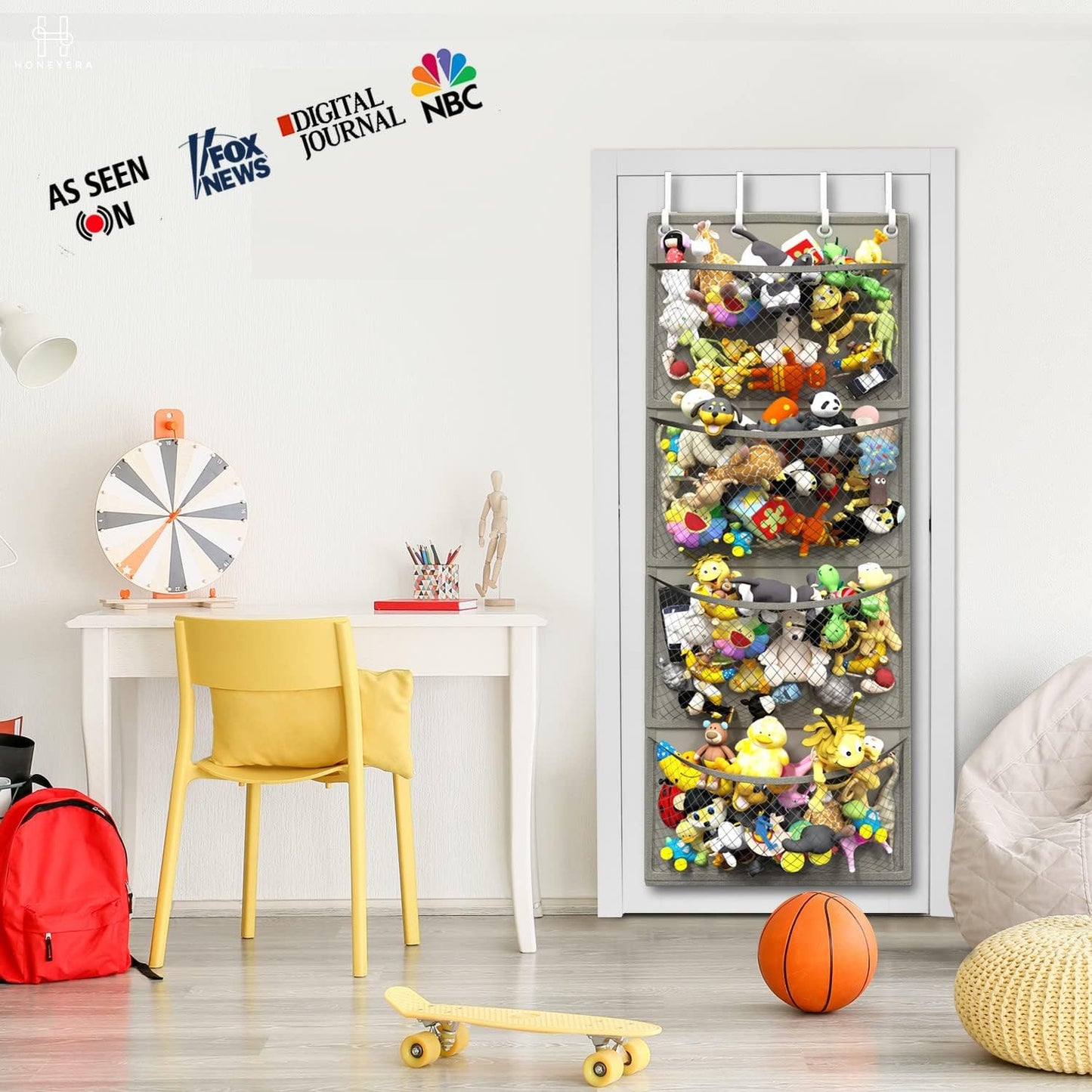 Honeyera Over Door Organizer for Stuffies, Baby Accessories, and Toy Plush Storage - Easy Installation with Breathable Hanging Storage Pockets (Gray)