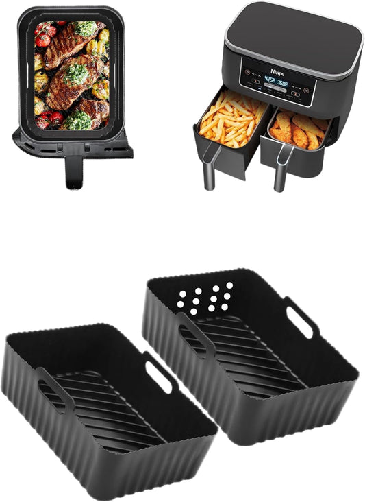 Szyeequoo Silicone Air Fryer Liners 2 Pack, Reusable Silicone Liners for Ninja Foodi DZ201 DZ401 DZ550, COSORI, Instant, Chefman, Dual Basket Air Fryers 8-10QT, Dishwasher Safe, Black