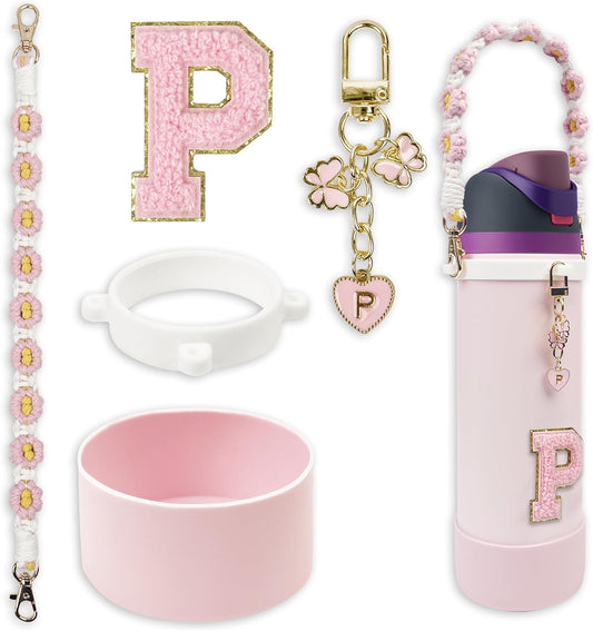 SITKOL Silicone Boot Cute Monogram Set Compatible with Owala Water Bottle 24 oz, 32 oz, 40 oz - Perfect Letter Owala Accessories for Owala Tumbler, Owala Free Sip, Pink Owala, Black Owala