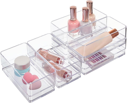 STORi SimpleSort 6-Piece Stackable Clear Drawer Organizer Set | 6" x 3" x 2" Rectangle Trays | Small Makeup Vanity Storage Bins and Office Desk Drawer Dividers | Made in USA