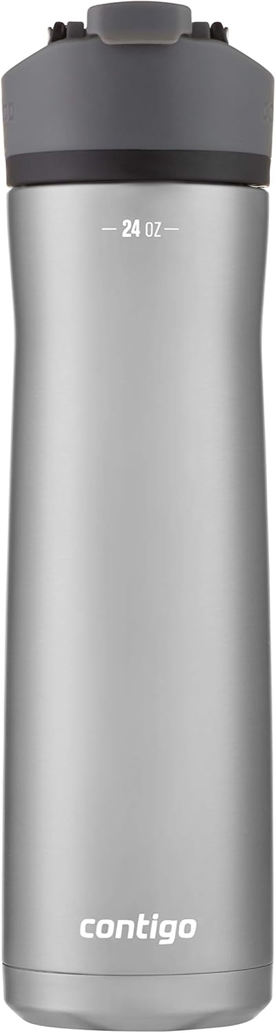 Contigo Cortland Chill 2.0 Vacuum-Insulated Stainless Steel Water Bottle, Spill-Proof Sip Technology, Interchangeable Lid, 24oz, Steel/Licorice, Perfect for Fitness Travel Everyday Use