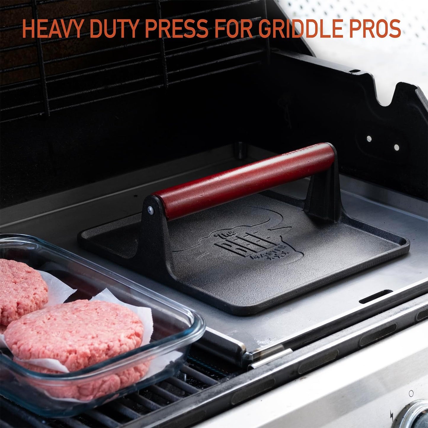 The Beef Master Cast Iron Grill Press - XL Burger Press, Pre-Seasoned Griddle Press, Heavy Duty Meat Press for Bacon, Burgers, and Steak with Cool Touch Handle - 10”x10”x4”