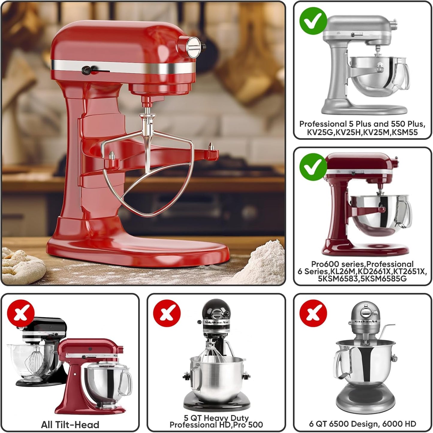 Stainless Steel Flat Beater for KitchenAid 5Plus-6Qt Bowl-Lift Stand Mixer, Paddle Attachment for Kitchenaid Mixer, Heavy Duty and Dishwasher Safe