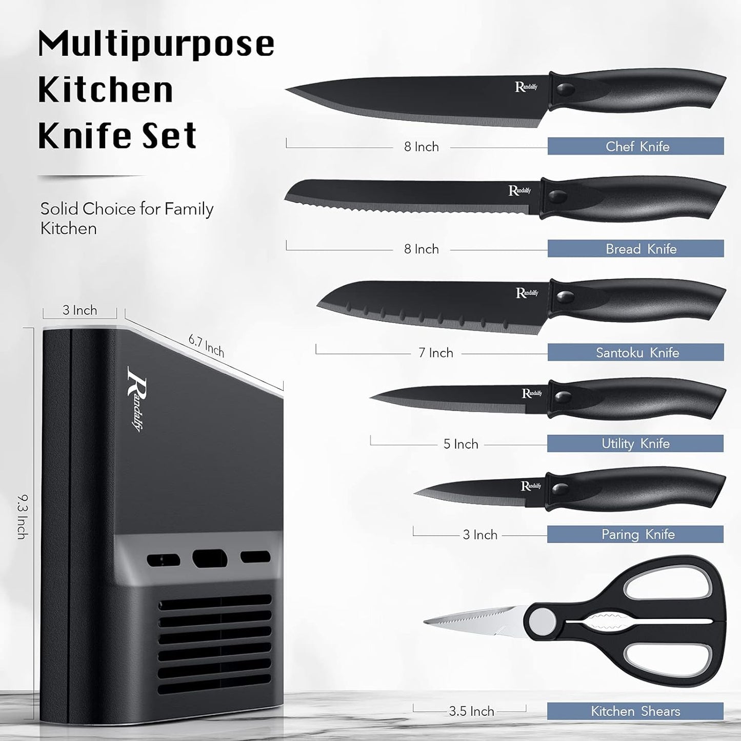 Kitchen Knife Set with Block, 7 Pieces Chef Knives, Scissor, for Meat/Vegetables/Fruits Chopping, Slicing, Dicing&Cutting