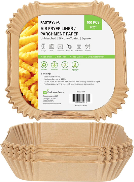 Restaurantware-Pastry Tek 6.3 x 6.3 x 1.8 Inch Air Fryer Liners, 100 Square Air Fryer Baskets - No-Stick Silicone Coating, Unbleached, Food-Grade Paper Liners, For Steamer, Microwave, Oven, Fry Pan