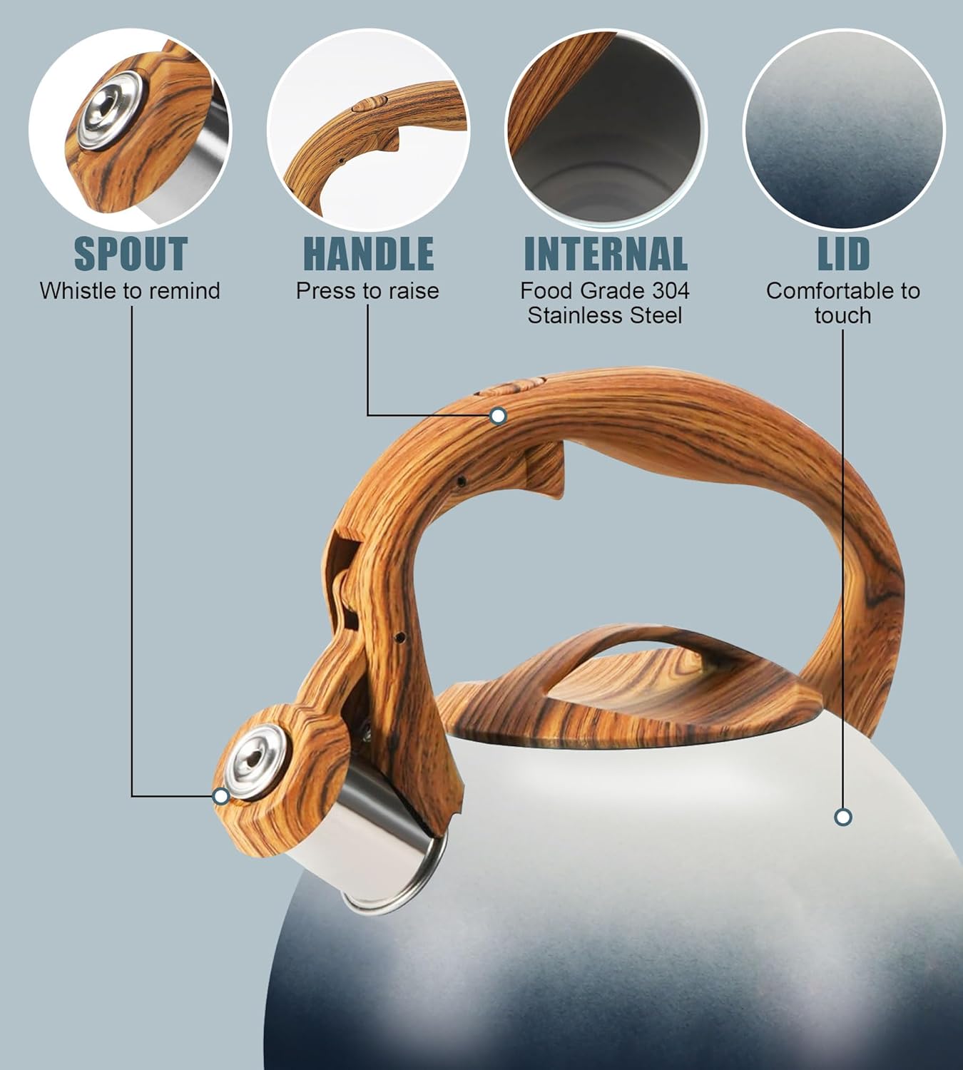 tea kettle stovetop, Loud Whistling kettle for Boiling Water Coffee or Milk, 3.2 Quart Heavy stainless steel tea kettle with Wood Pattern Handle, Gas Electric Applicable - Black & white