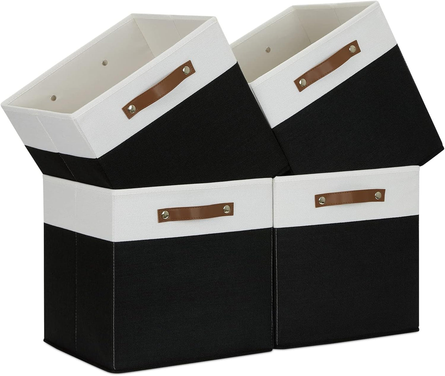 Temary Fabric Storage Bin 4 Pack Cube Storage Bin for Shelf Fabric Cube Storage Basket 13 Inch Cube Storage Bins Foldable Storage Cubes with Leather Handles(White&Black)