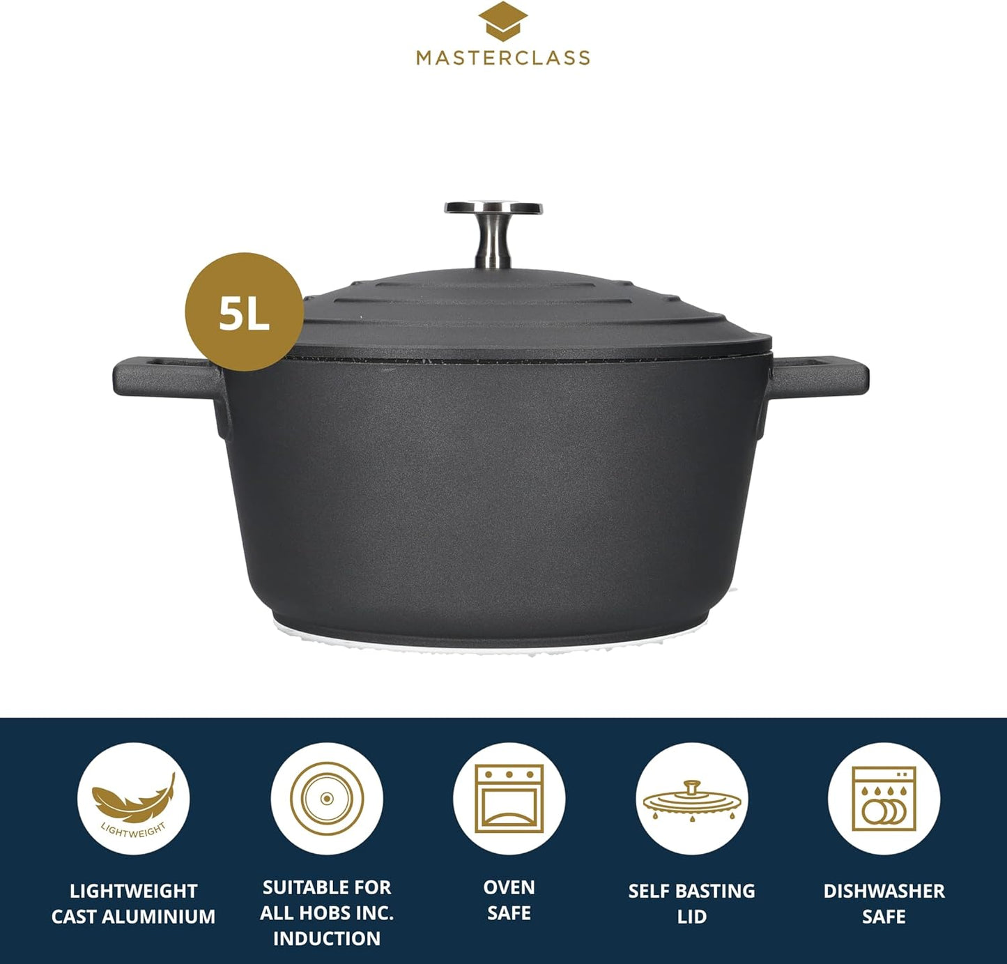 MasterClass Cast Aluminium Induction-Safe Non-Stick Casserole Dish with Lid, Black, 5 Litre