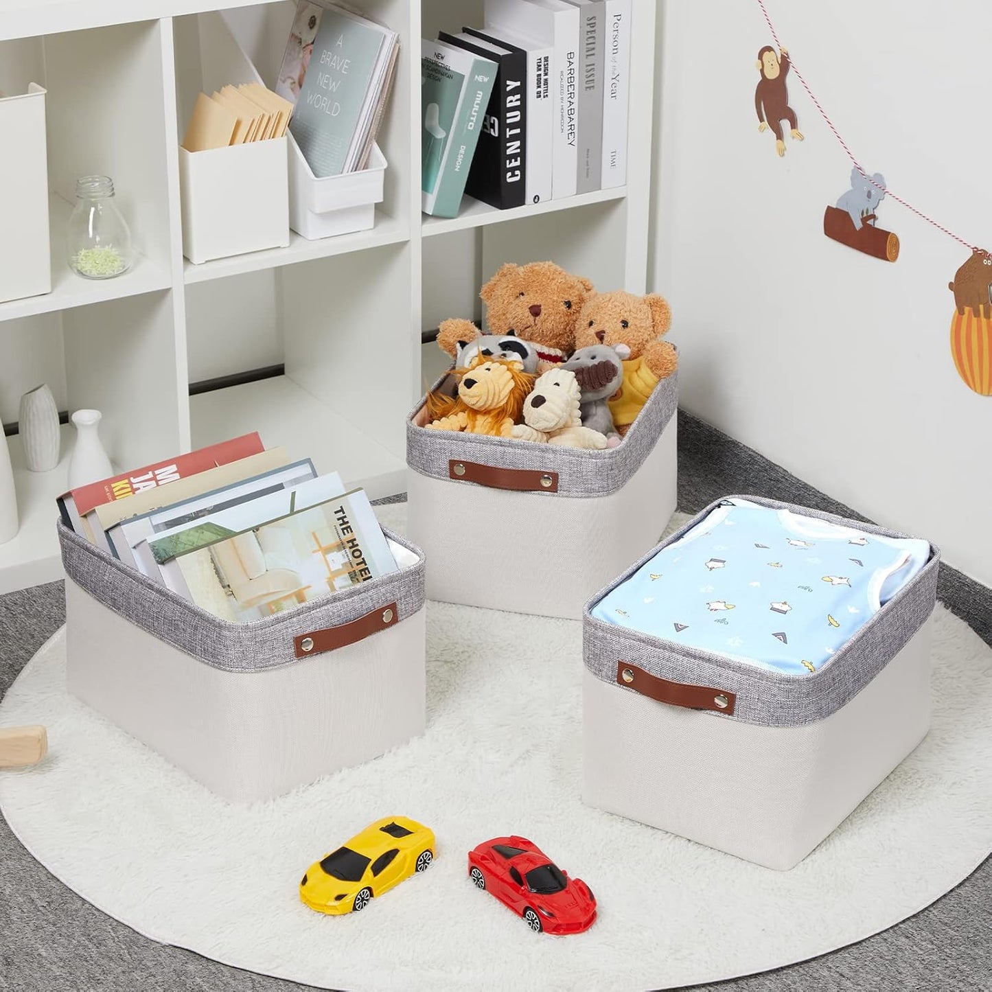 HNZIGE Large Storage Baskets for Shelves(3 Pack) Fabric Storage Toy Baskets with Handles, Decorative Foldable Storage Bins for Organizing (Gray&White-Leather Handles, 15"x11"x9.5")