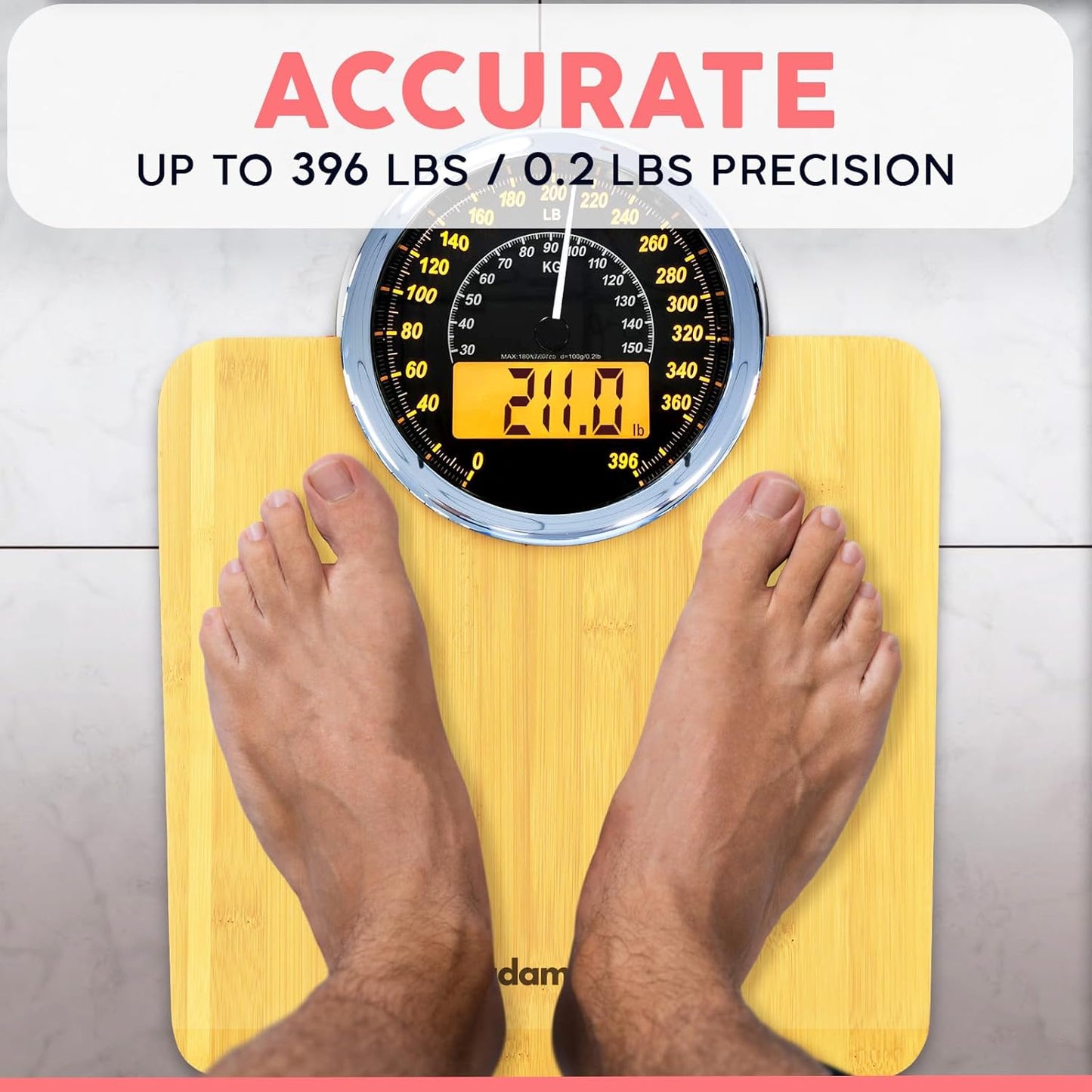 Adamson Hybrid 2-in-1 Analog & Digital Weighing Scale for Body Weight up to 400lbs - Thick Tempered Glass - Extra Large Display - Easy to Read Digital Bathroom Scale - New - Wood
