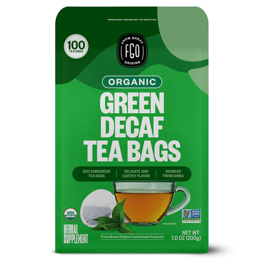FGO Organic Green Decaf Tea, 100 Count, Eco-Conscious Tea Bags, Resealable Bag, Caffeine Free, Packaging May Vary (Pack of 1)