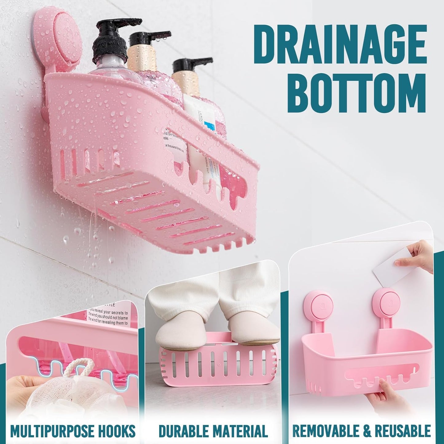 TAILI Shower Caddy Suction Cup, Heavy Duty Bathroom Organizer, Removable Shelves for Inside Shower, Shampoo, Waterproof Suction Plastic Storage for Bathroom Accessories Holder, Pink