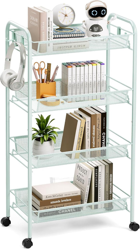 TOOLF 4-Tier Rolling Cart, Metal Utility Cart with 3 Hooks, Easy Assemble Mobile Storage Trolley On Wheels, Metal Shelving Units Kitchen Bathroom Laundry Room