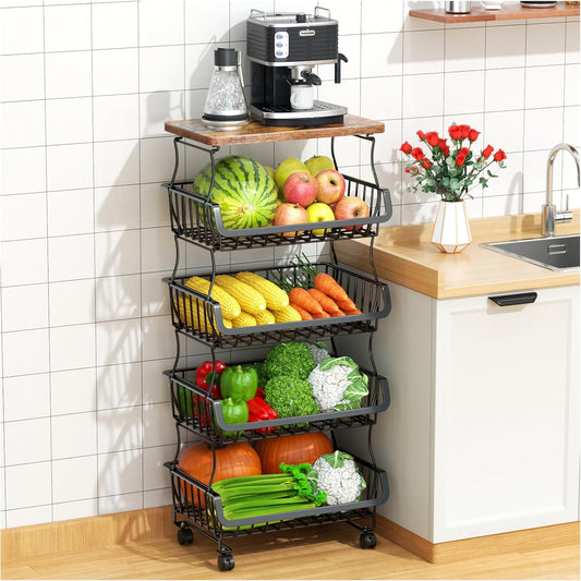 Fruit Vegetable Basket for Kitchen, 5 Tier Stackable Fruit Vegetable Storage Baskets with Wheels, Metal Wire Storage Basket Organizer Baskets for Kitchen, Pantry, Bathroom
