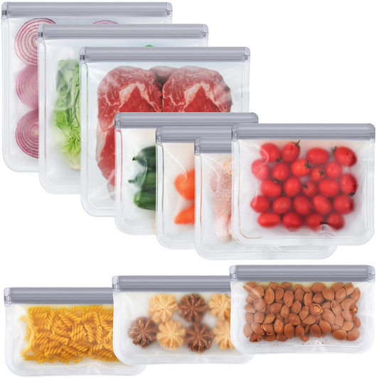 10 Pack Dishwasher Safe Reusable Bags, Silicone, Leakproof, BPA Free, Reusable Food Storage Bags for Lunch, Marinate, Freeze, Travel (Grey) - 3 Gallon, 3 Snack, 4 Sandwich