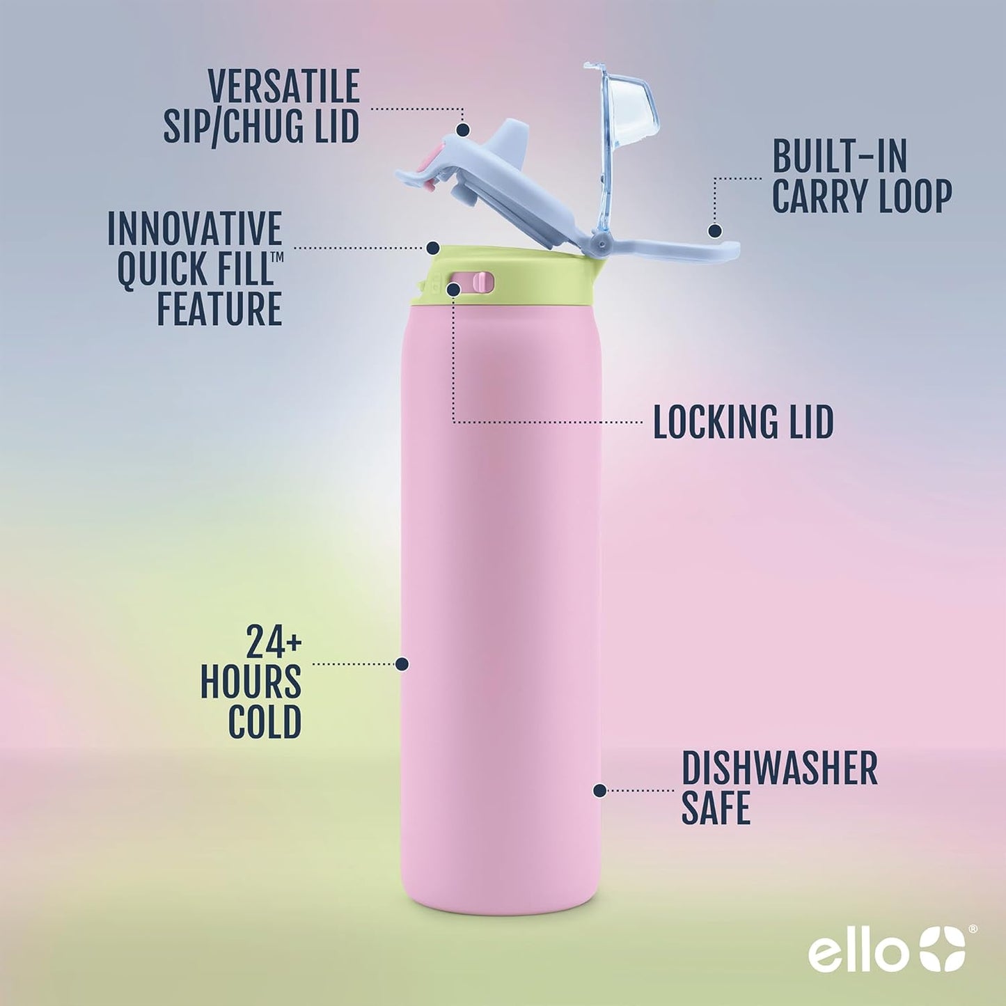 Ello Pop & Fill Stainless Steel Water Bottle with Quick Fill Technology, Double Walled Vacuum Insulated Metal, Leak Proof Locking Lid, Sip & Chug, BPA Free, Holiday Gift for Him Her, 22oz, 32oz, 40oz