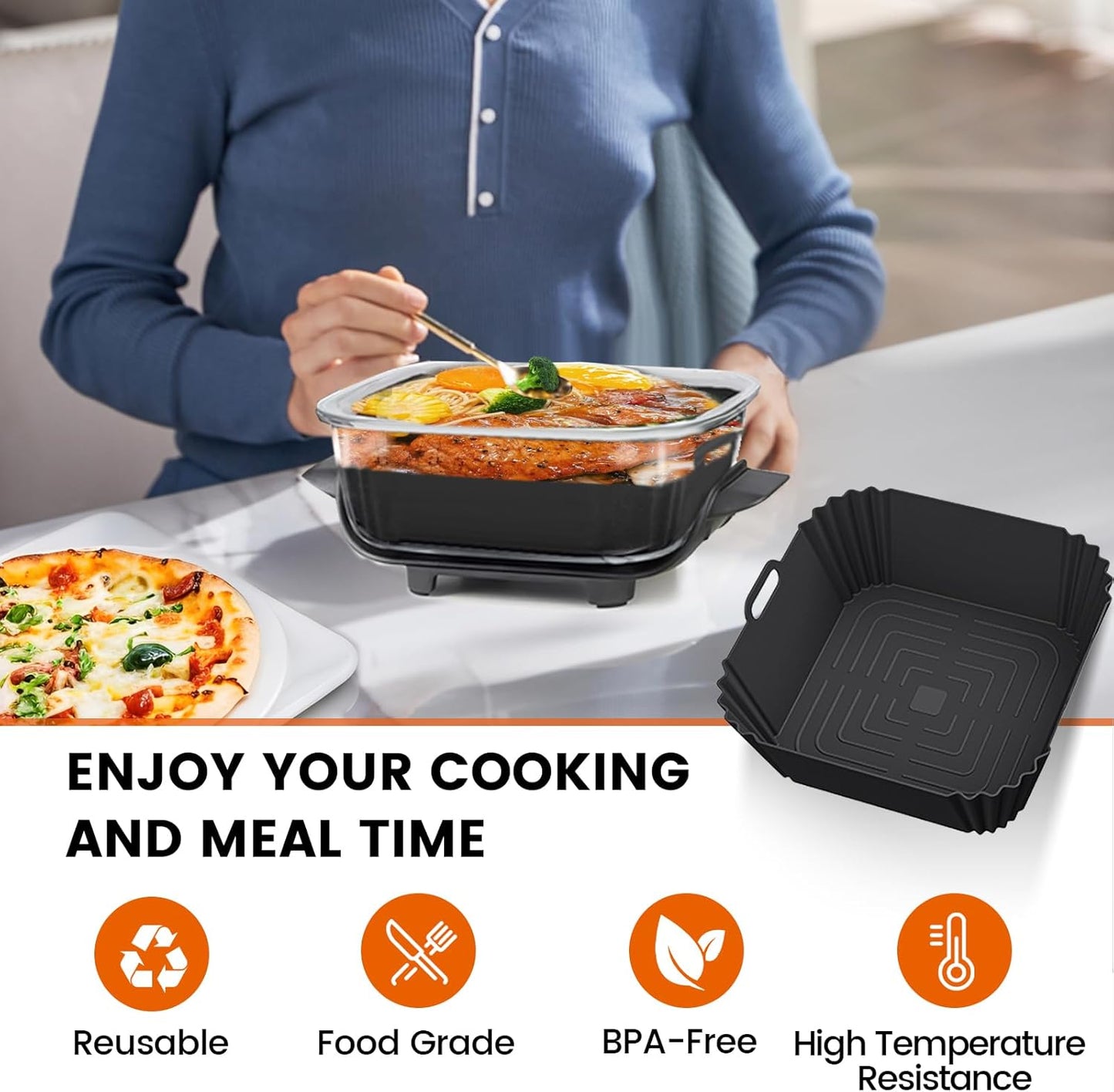 Silicone Air Fryer Liners Reusable for Ninja Crispi, 2PCS Airfryer Liners for 4 QT & 6 Cup Glass Containers Ninja Airfryer Accessories(Black)