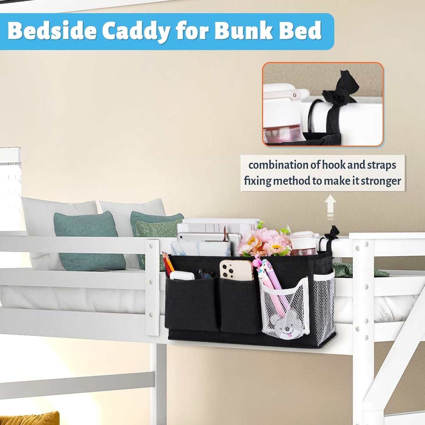 Loghot Bedside Caddy/Bedside Storage Bag Hanging Organizer for Bunk and Hospital Beds,Dorm Rooms Bed Rails,Can be Placed Glasses,Books,Mobile Phones,Keys (New Black-1)