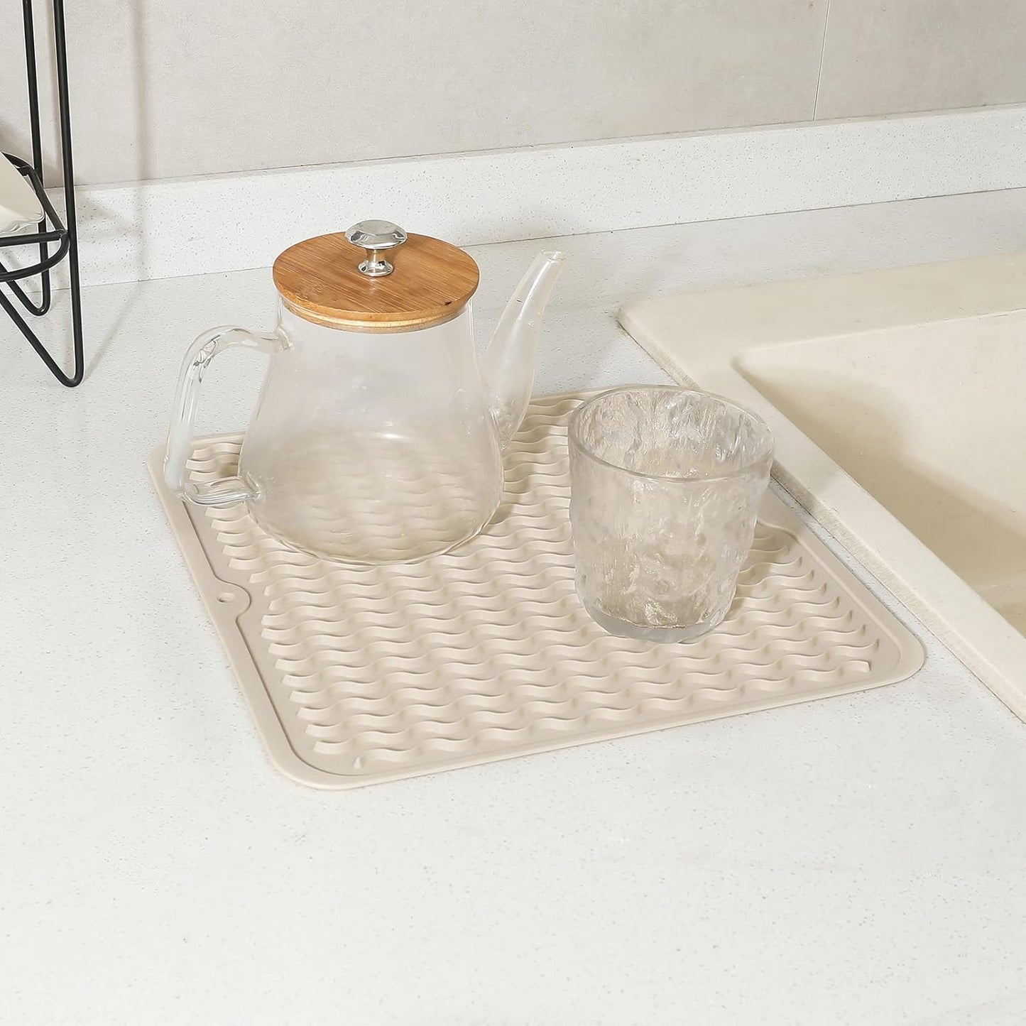 Silicone Dish Drying Mat for Multiple Usage,Easy clean,Eco-friendly,Heat-resistant Silicone Mat for Kitchen Counter or Sink,Refrigerator or Drawer liner Tapioca M 12 inches x 12 inches